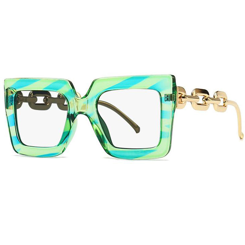 Claire Fancy Square Metal Chain Glasses Frame Rectangle Frames Southood green stripe clear 